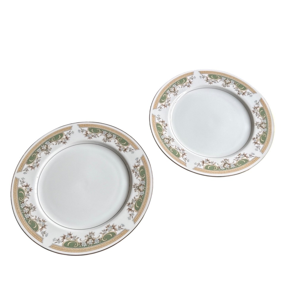 Everbrite Fine China Japan Dinner Plates 10.5" Green Gold Floral Set of 2‎